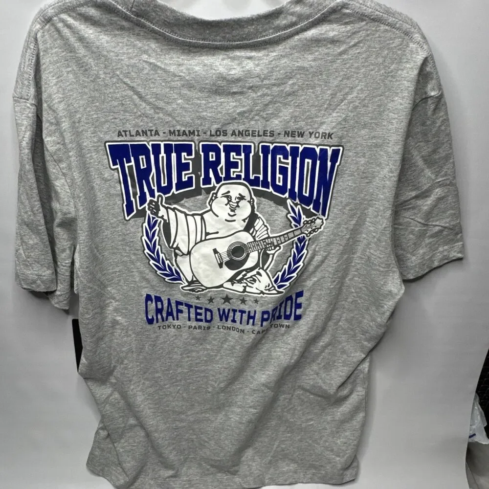 True Religion Mens L Gray Wreath Velvet Buddha Graphic Cotton Jersey Crew Neck